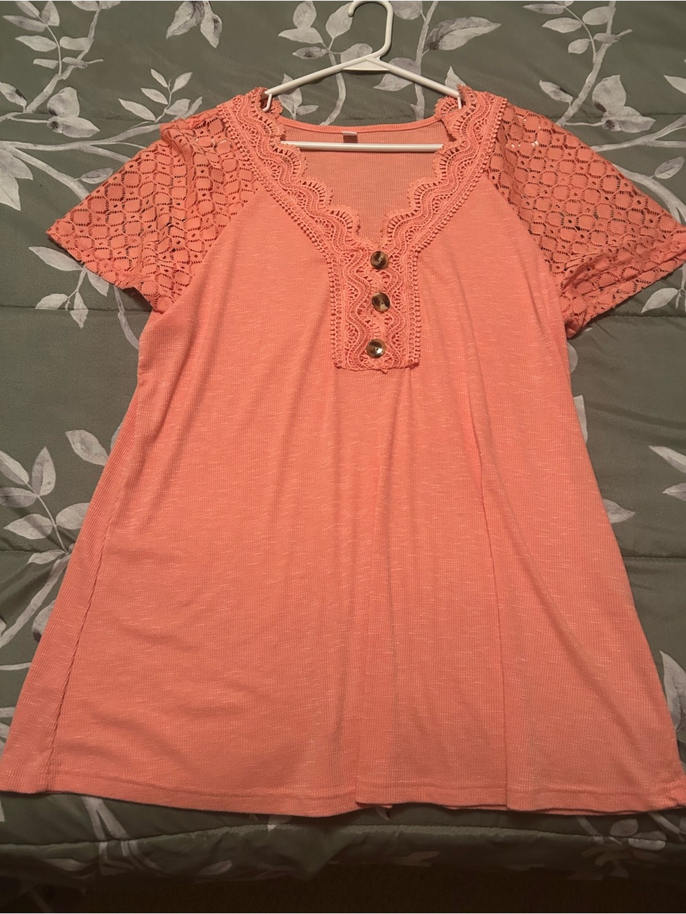 SHEIN Coral Lace Sleeve V-Neck Top with Button Trim